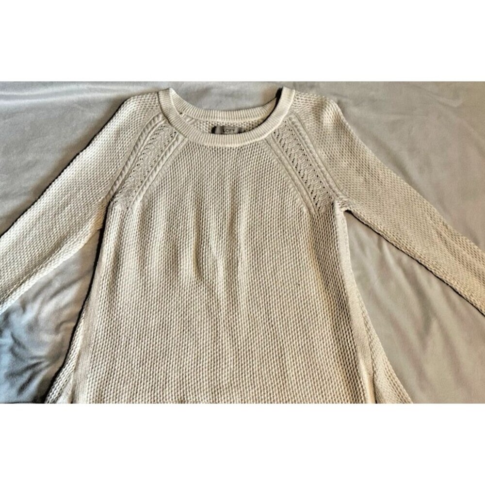 LOFT Basketweave Pointelle Shirttail Sweater -‎ Cream/Ivory - Size Large